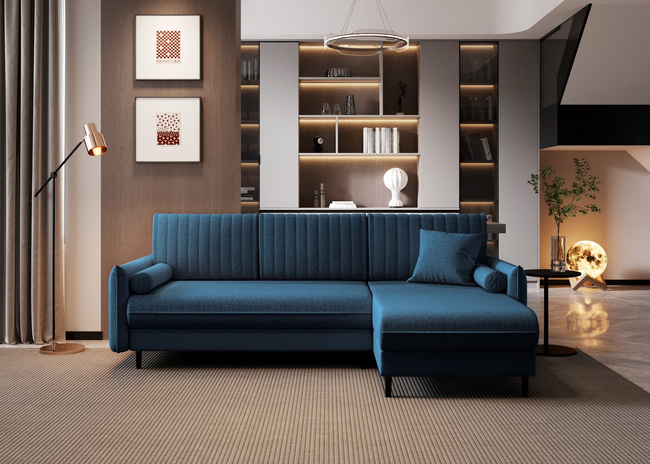 Ecksofa Bolivio L-Form - mit Schlaffunktion und Bettkasten, Bezug aus Veloursstoff.