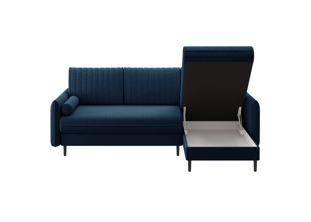 Ecksofa Bolivio L-Form - mit Schlaffunktion und Bettkasten, Bezug aus Veloursstoff.
