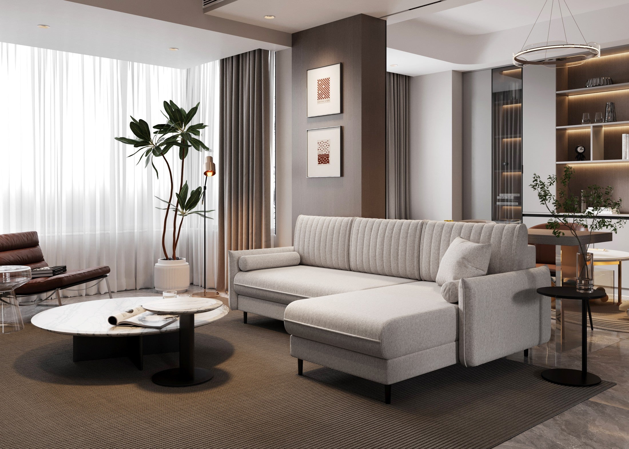 Ecksofa Bolivio L-Form - mit Schlaffunktion und Bettkasten, Bezug aus Veloursstoff.