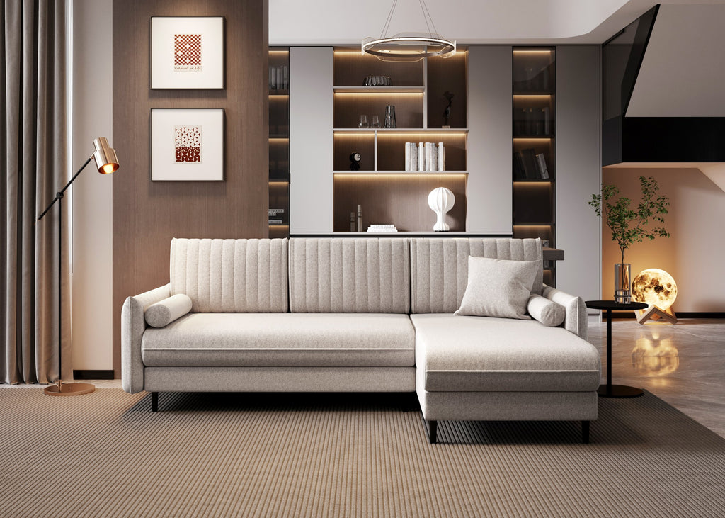 Ecksofa Bolivio L-Form - mit Schlaffunktion und Bettkasten, Bezug aus Veloursstoff.