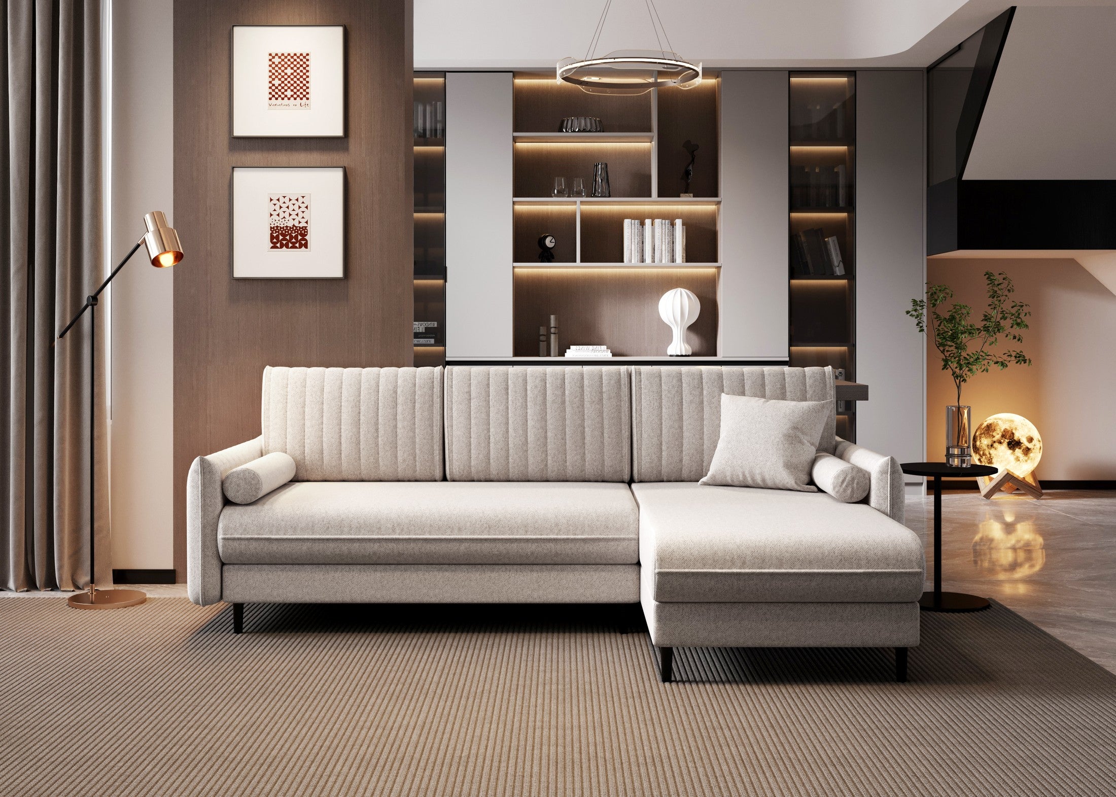 Ecksofa Bolivio L-Form - mit Schlaffunktion und Bettkasten, Bezug aus Veloursstoff.