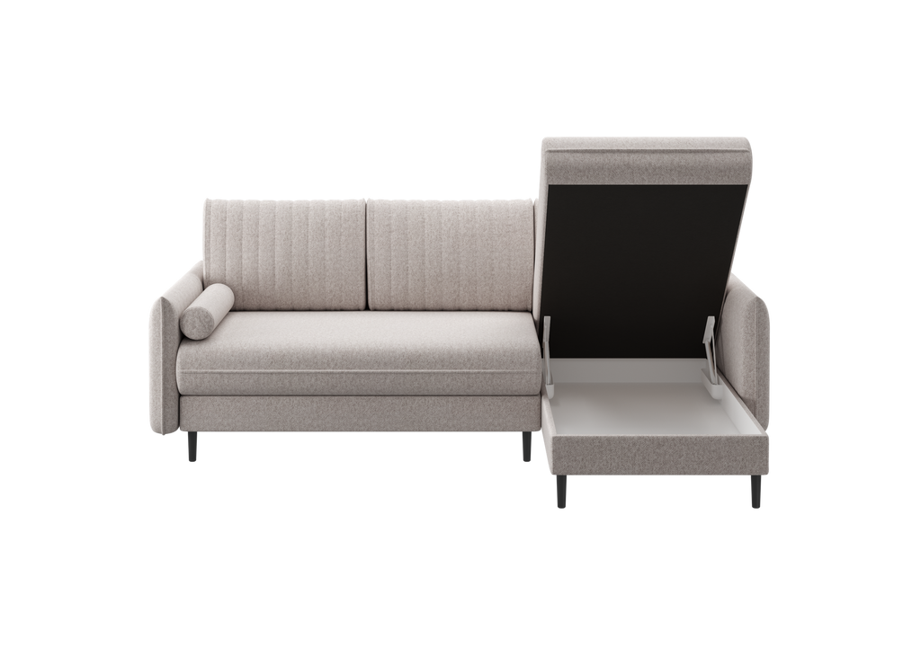 Ecksofa Bolivio L-Form - mit Schlaffunktion und Bettkasten, Bezug aus Veloursstoff.