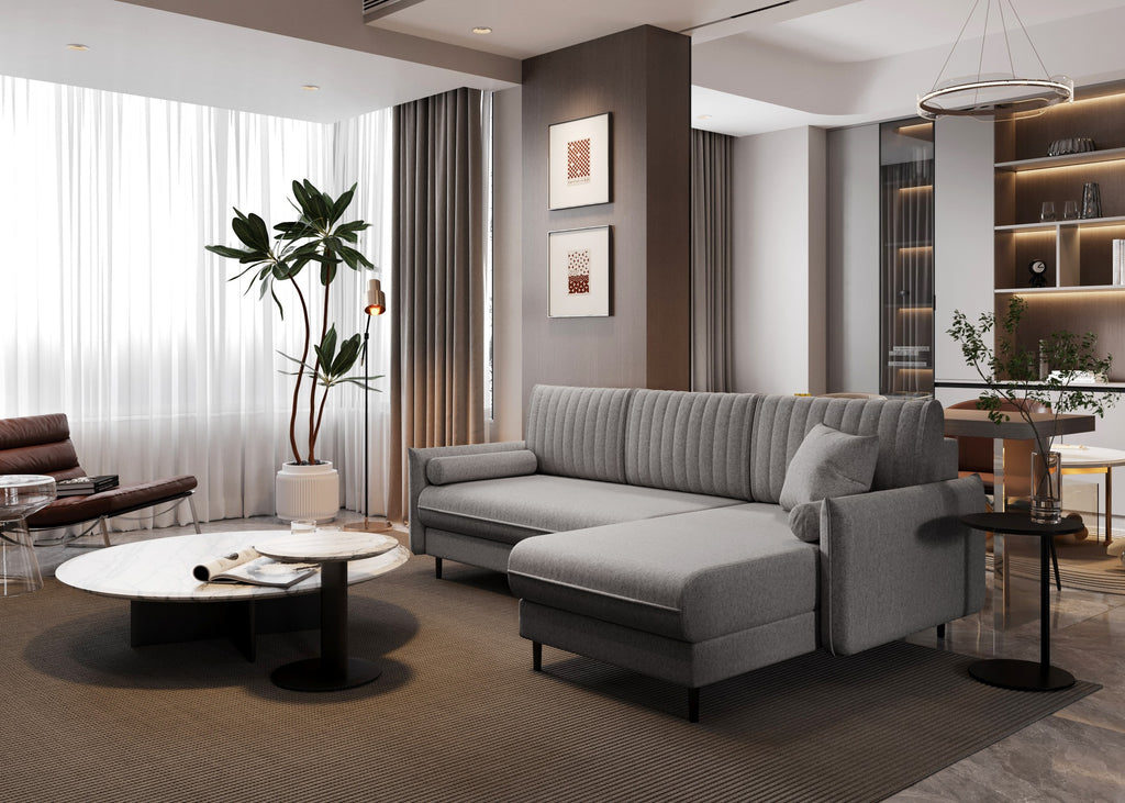 Ecksofa Bolivio L-Form - mit Schlaffunktion und Bettkasten, Bezug aus Veloursstoff.