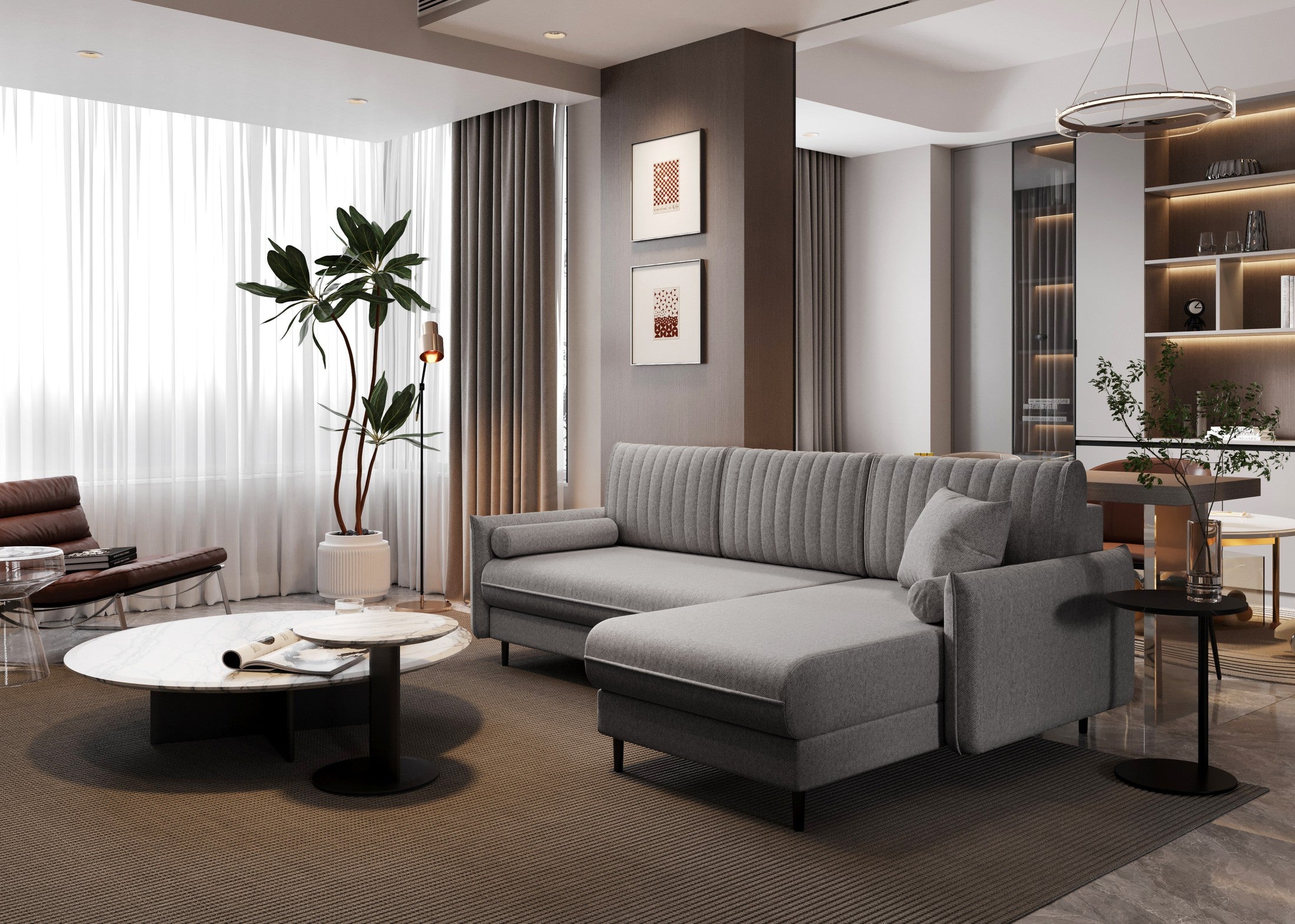 Ecksofa Bolivio L-Form - mit Schlaffunktion und Bettkasten, Bezug aus Veloursstoff.