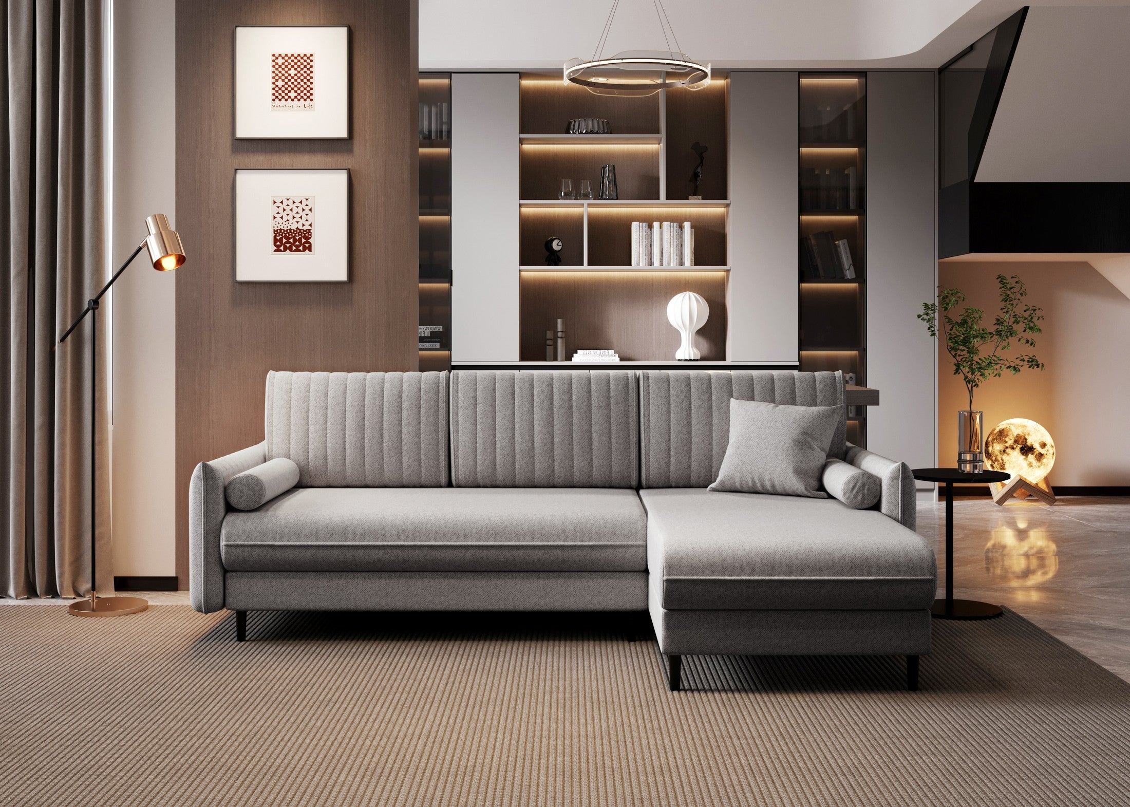 Ecksofa Bolivio L-Form - mit Schlaffunktion und Bettkasten, Bezug aus Veloursstoff.