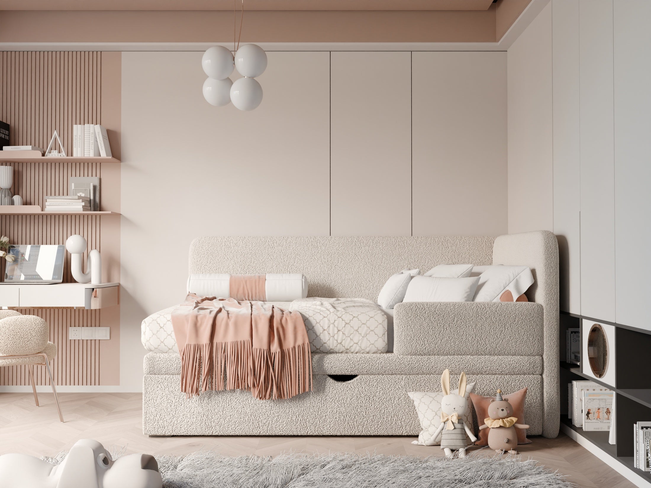 Korvo Jugendbett mit Schublade und Seitengitter, Bouclé-Stoff, Lambi-Stoff