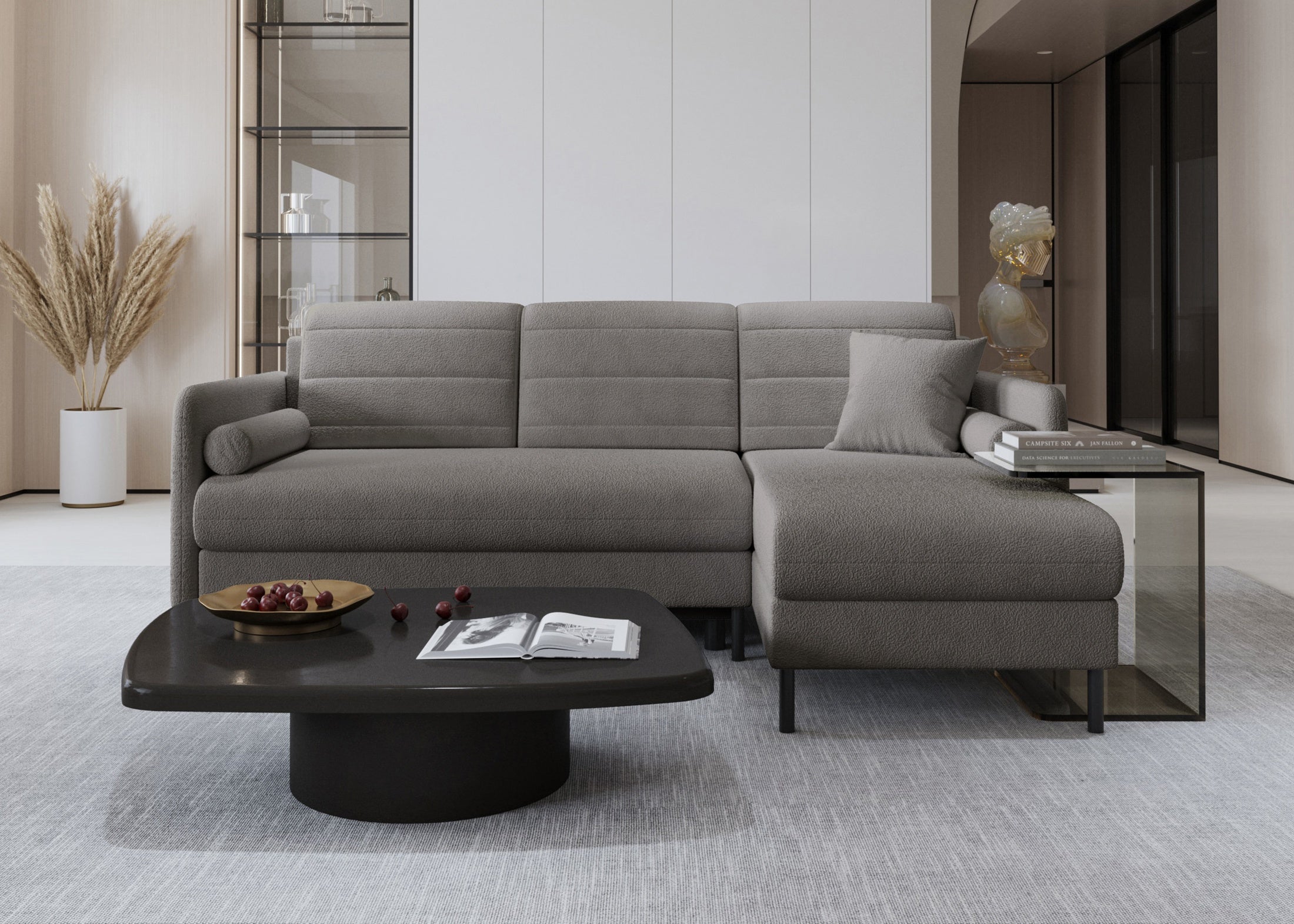 Bellari L-förmiges Ecksofa, universelle Seite mit Schlaffunktion und Bettkasten, Abriamo Bouclé-Stoff