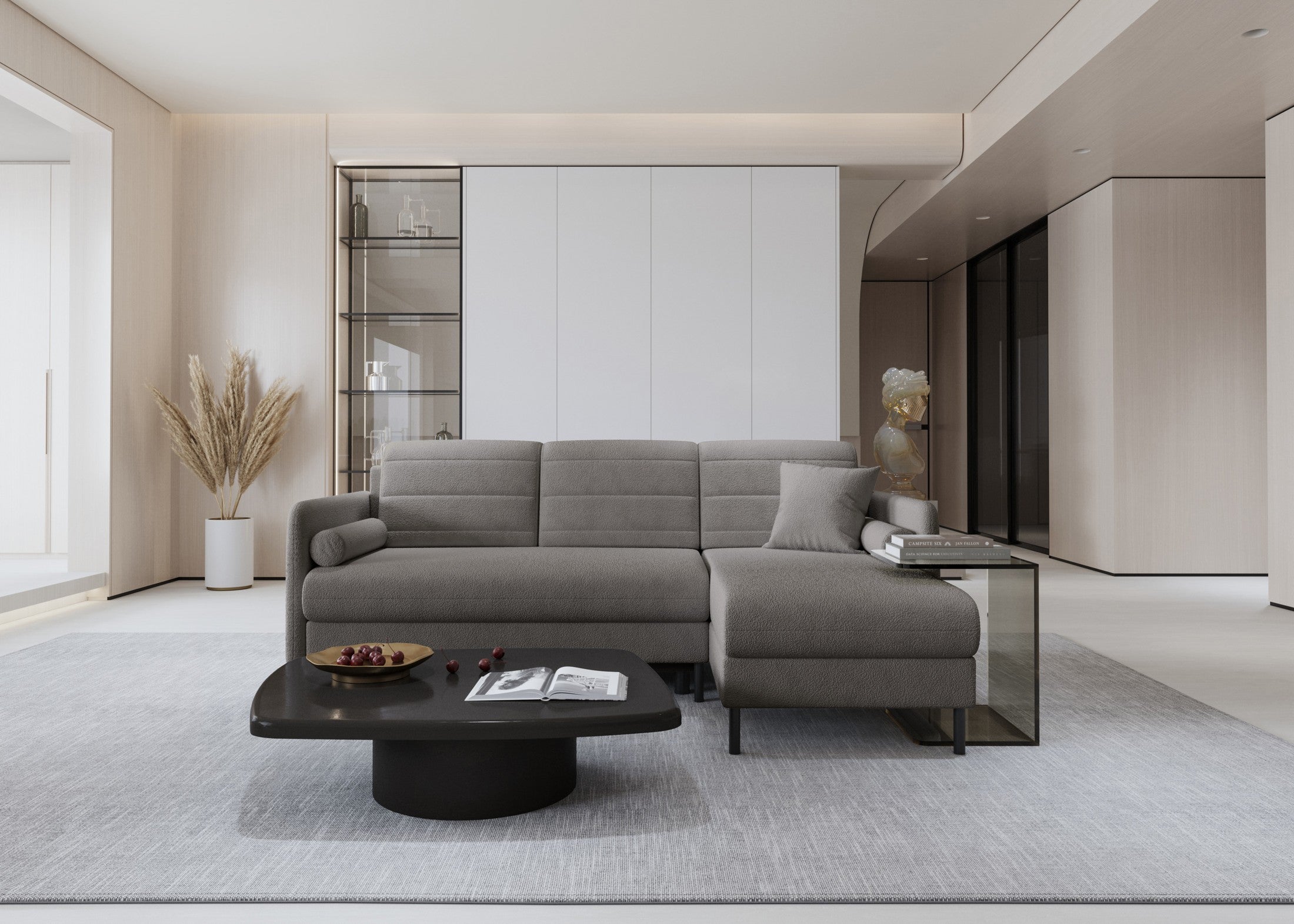 Bellari L-förmiges Ecksofa, universelle Seite mit Schlaffunktion und Bettkasten, Abriamo Bouclé-Stoff