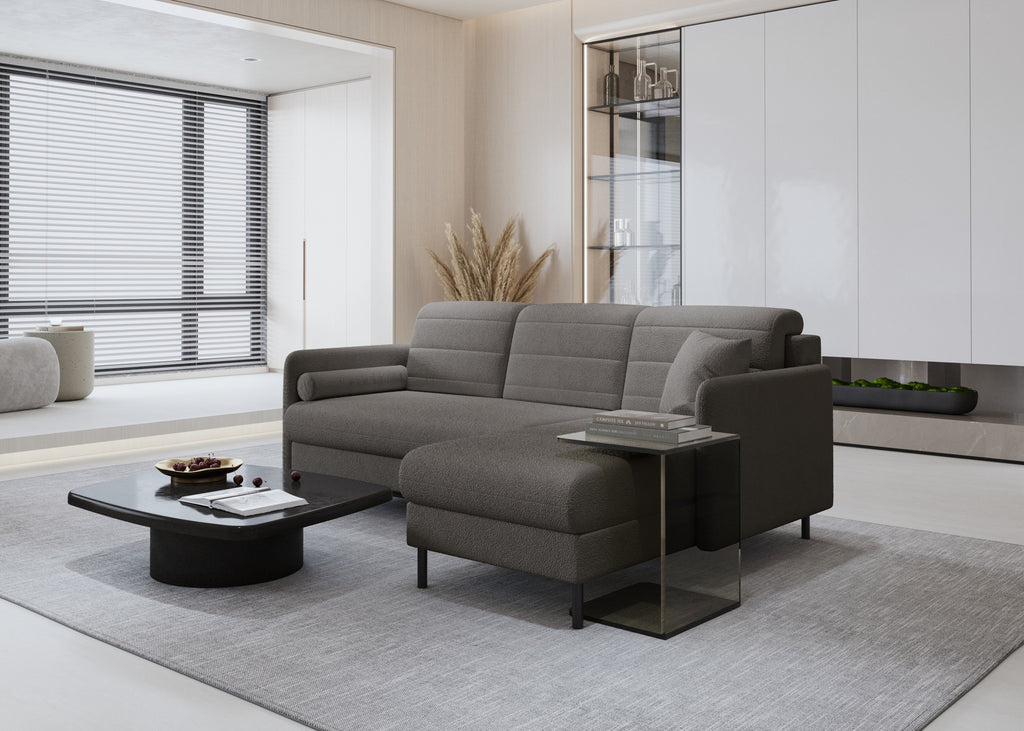 Bellari L-förmiges Ecksofa, universelle Seite mit Schlaffunktion und Bettkasten, Abriamo Bouclé-Stoff