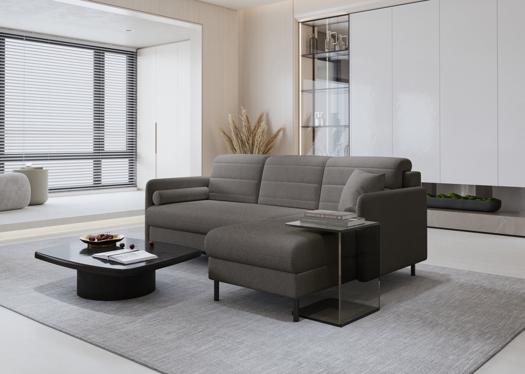 Bellari L-förmiges Ecksofa, universelle Seite mit Schlaffunktion und Bettkasten, Abriamo Bouclé-Stoff