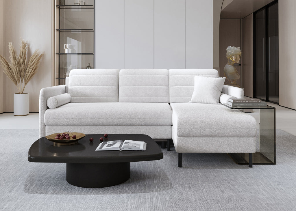 Bellari L-förmiges Ecksofa, universelle Seite mit Schlaffunktion und Bettkasten, Abriamo Bouclé-Stoff