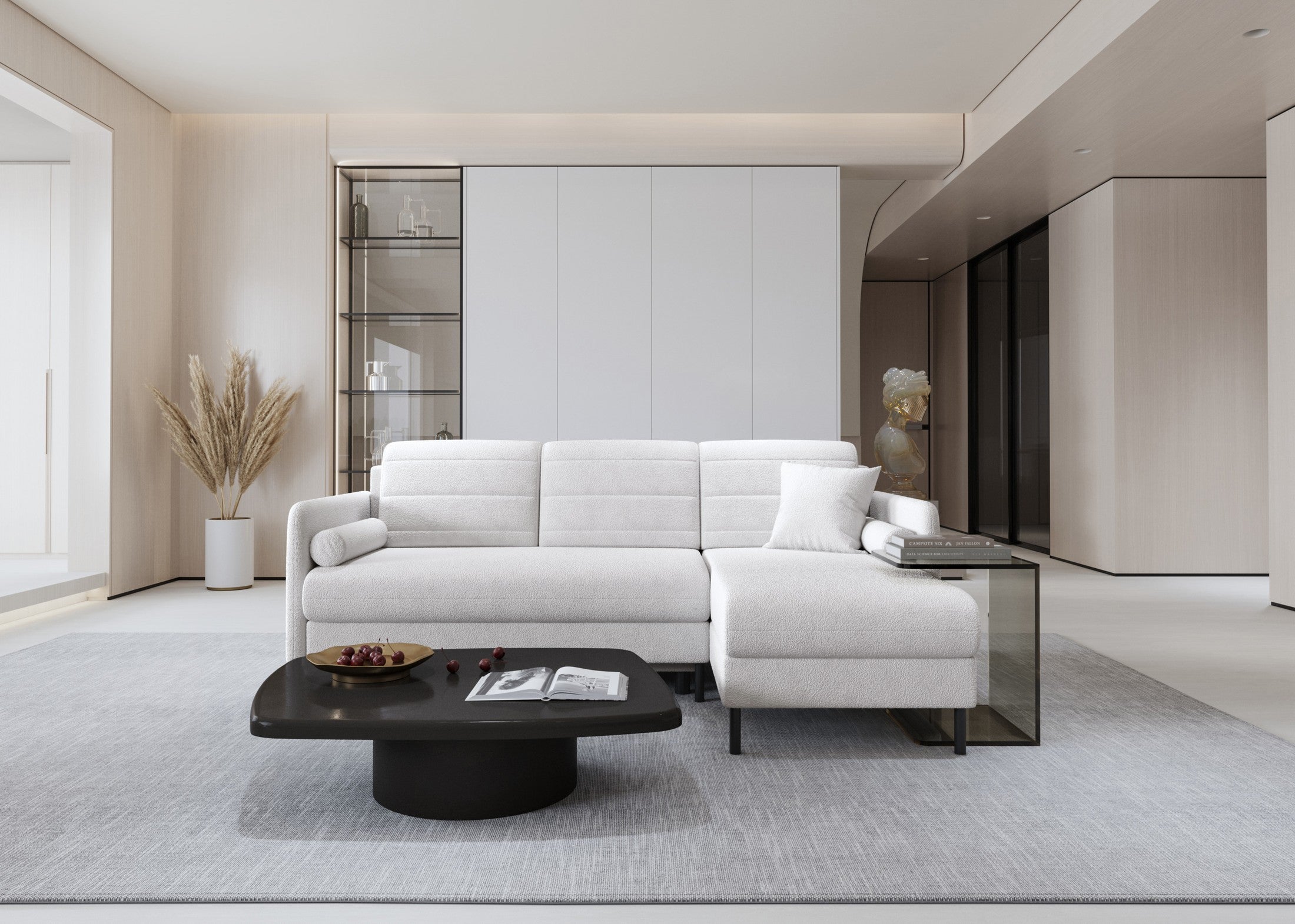 Bellari L-förmiges Ecksofa, universelle Seite mit Schlaffunktion und Bettkasten, Abriamo Bouclé-Stoff