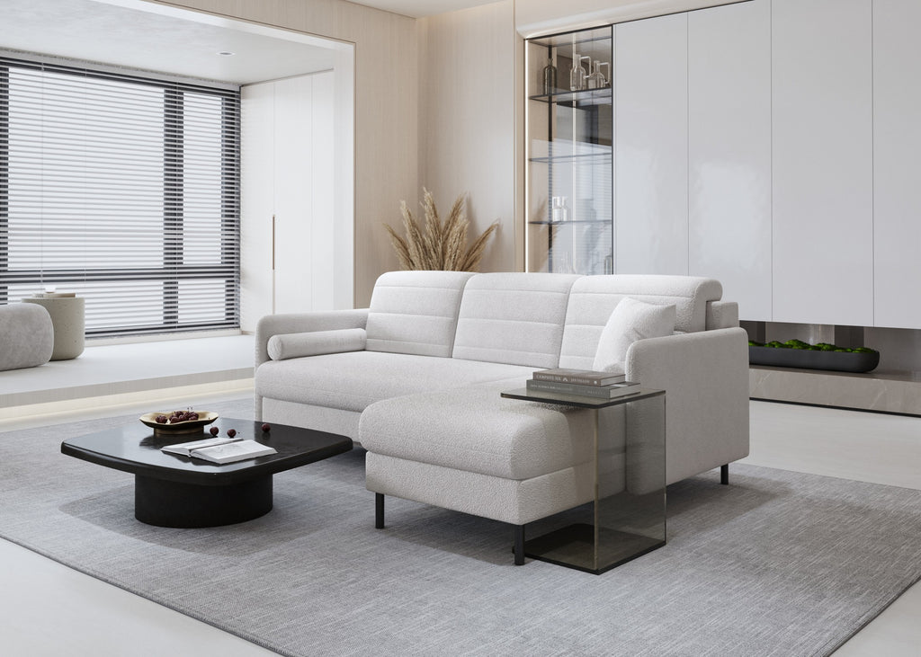 Bellari L-förmiges Ecksofa, universelle Seite mit Schlaffunktion und Bettkasten, Abriamo Bouclé-Stoff