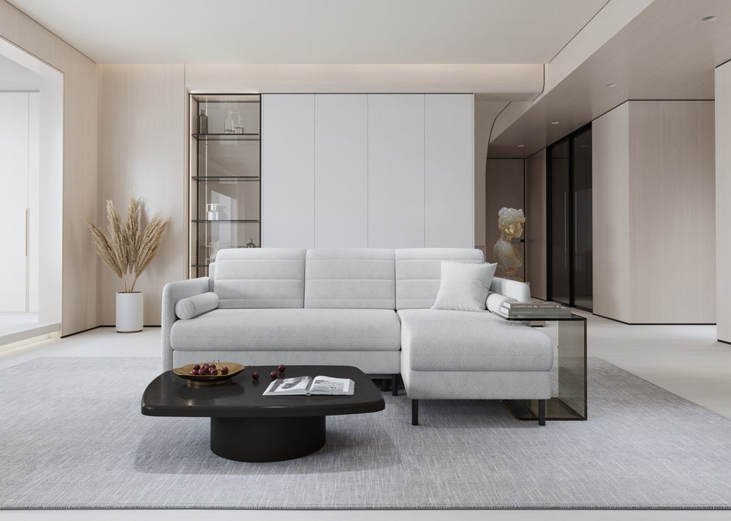 Bellari L-förmiges Ecksofa, universelle Seite mit Schlaffunktion und Bettkasten, Abriamo Bouclé-Stoff