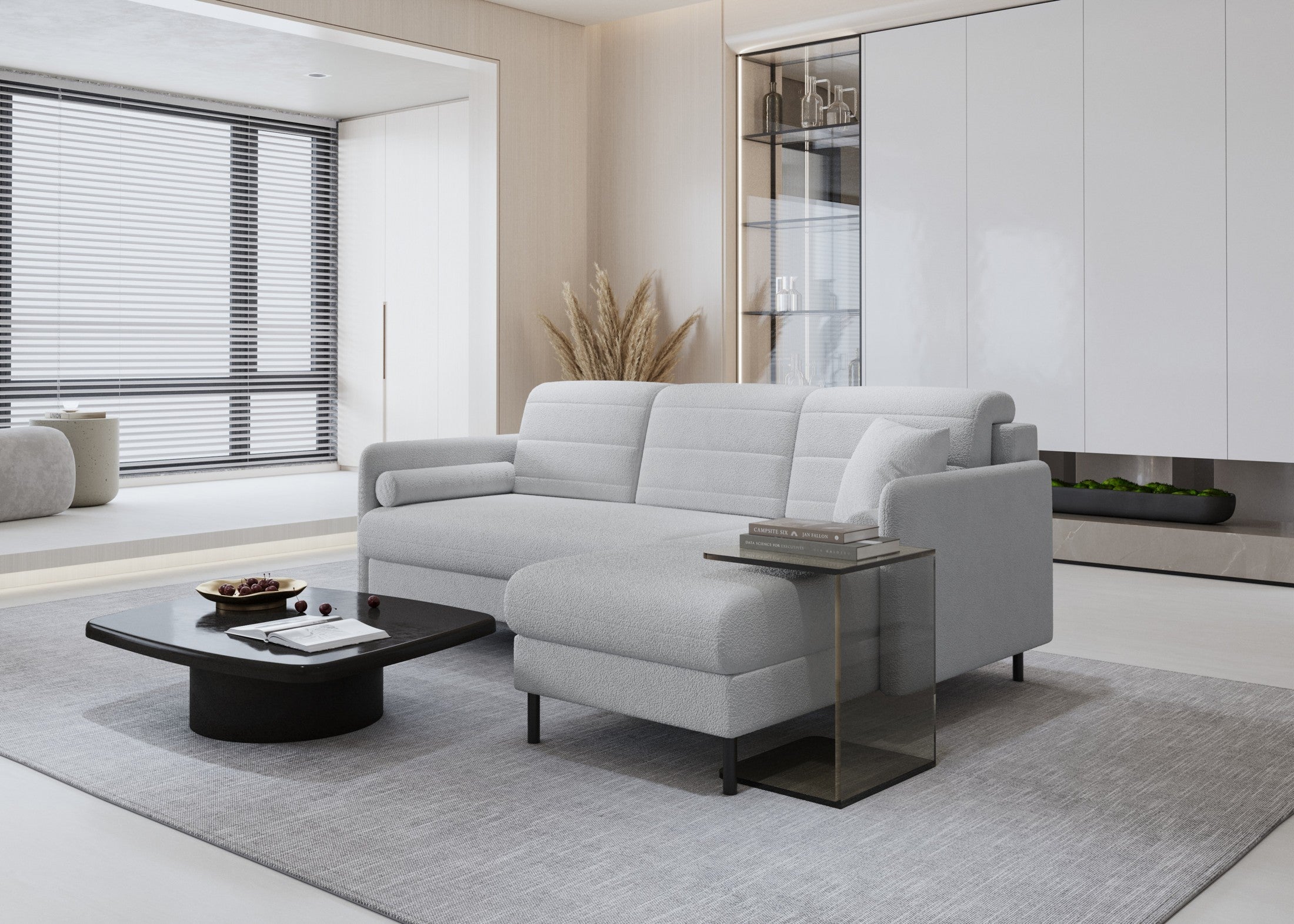 Bellari L-förmiges Ecksofa, universelle Seite mit Schlaffunktion und Bettkasten, Abriamo Bouclé-Stoff