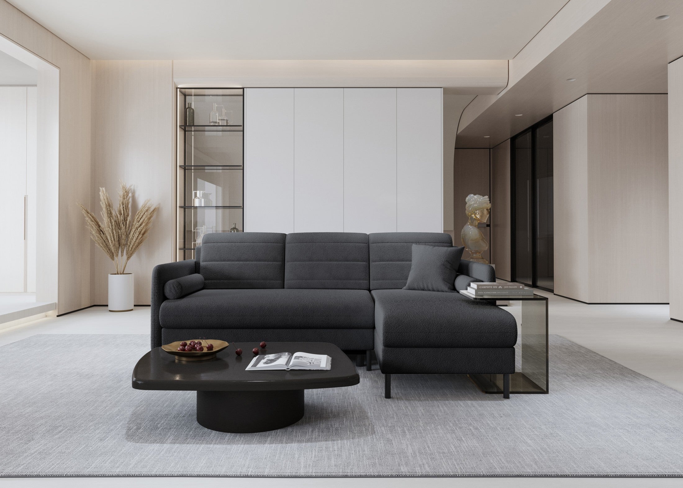 Bellari L-förmiges Ecksofa, universelle Seite mit Schlaffunktion und Bettkasten, Abriamo Bouclé-Stoff