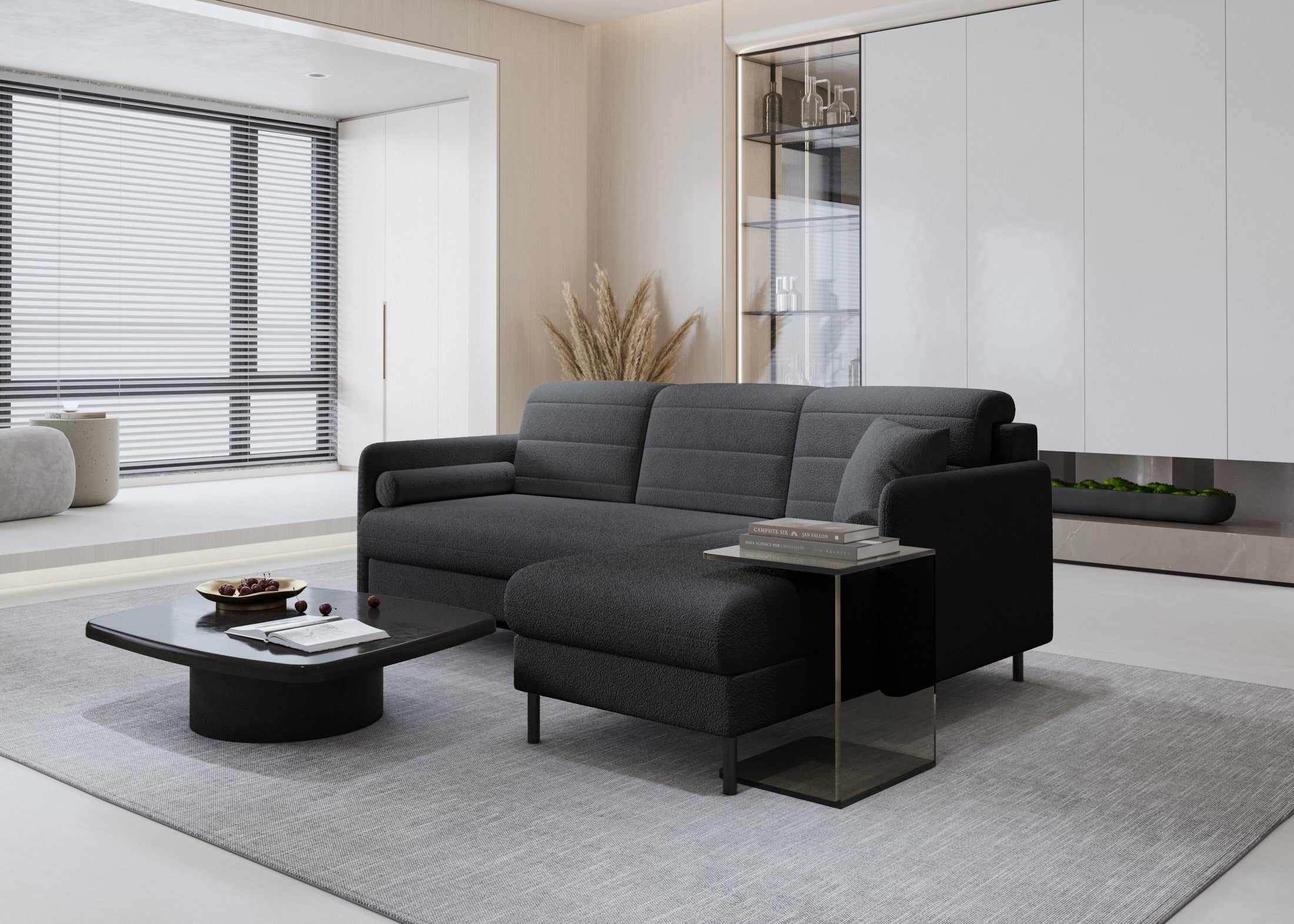 Bellari L-förmiges Ecksofa, universelle Seite mit Schlaffunktion und Bettkasten, Abriamo Bouclé-Stoff