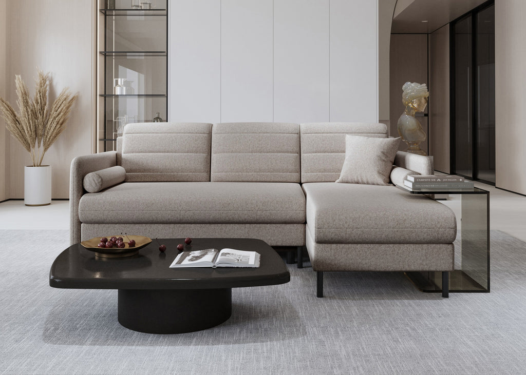 Bellari L-förmiges Ecksofa, universelle Seite mit Schlaffunktion und Bettkasten, Element-Samtbezug