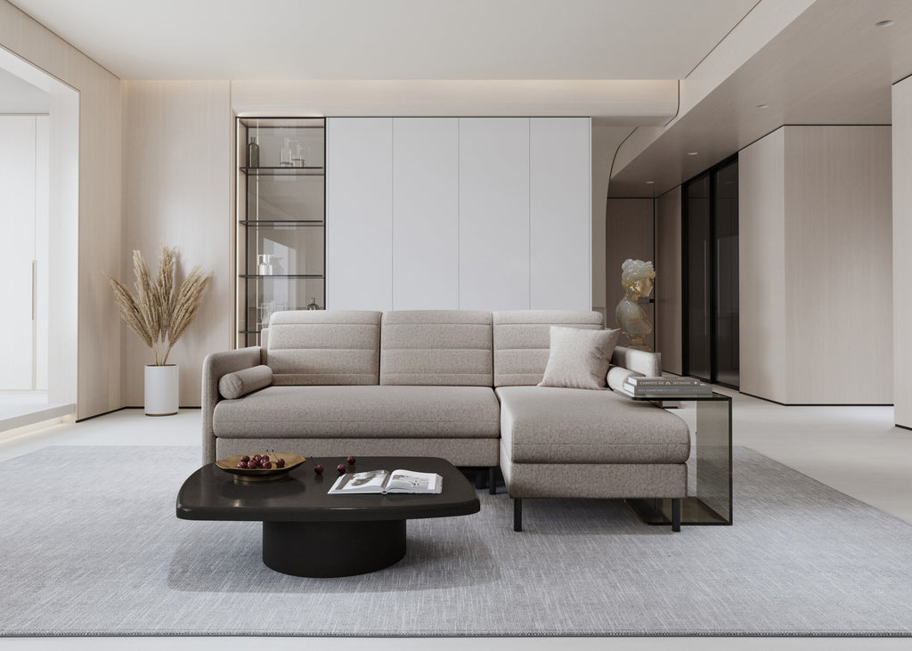 Bellari L-förmiges Ecksofa, universelle Seite mit Schlaffunktion und Bettkasten, Element-Samtbezug