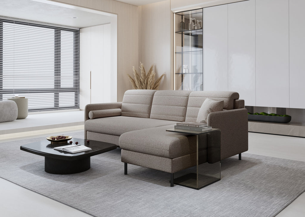 Bellari L-förmiges Ecksofa, universelle Seite mit Schlaffunktion und Bettkasten, Element-Samtbezug