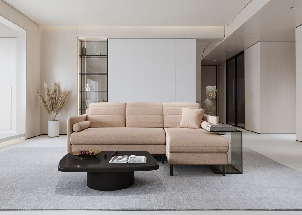 Bellari L-förmiges Ecksofa, universelle Seite mit Schlaffunktion und Bettkasten, Element-Samtbezug