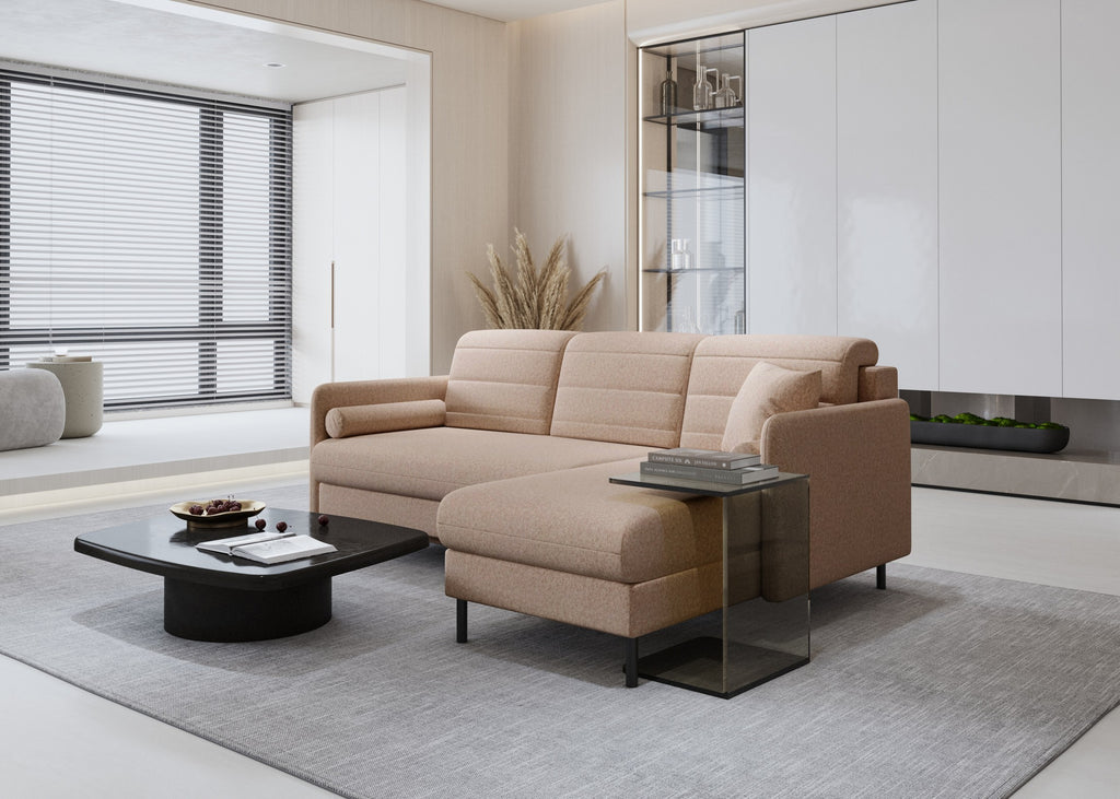 Bellari L-förmiges Ecksofa, universelle Seite mit Schlaffunktion und Bettkasten, Element-Samtbezug