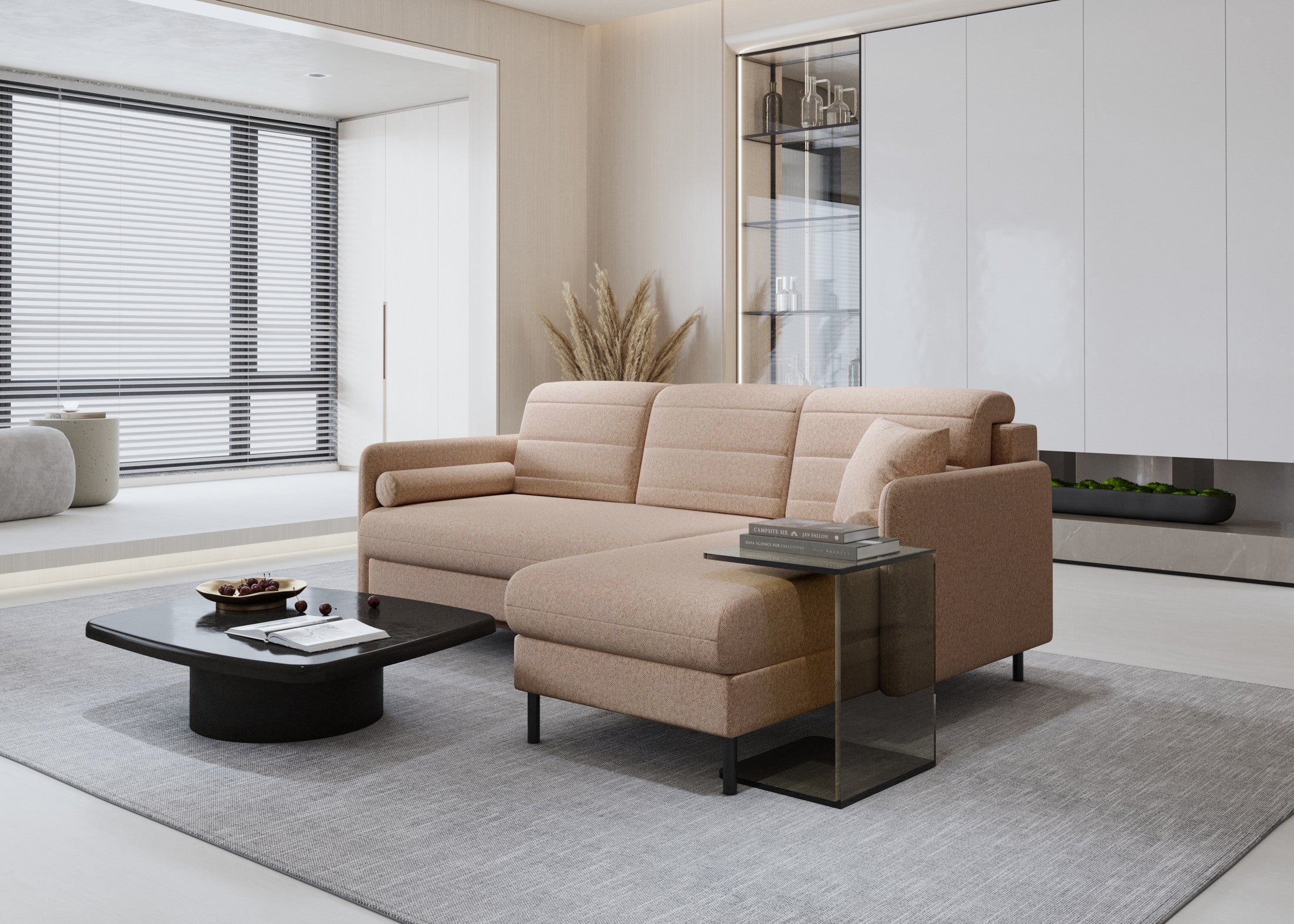 Narożnik Bellari L- kształtny uniwersalna strona z funkcja spania i pojemnikiem na pościel tkanina Element welur