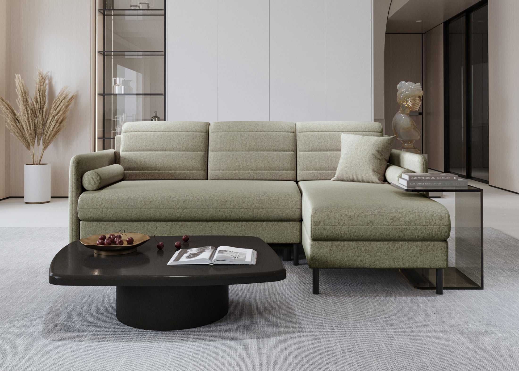 Bellari L-förmiges Ecksofa, universelle Seite mit Schlaffunktion und Bettkasten, Element-Samtbezug