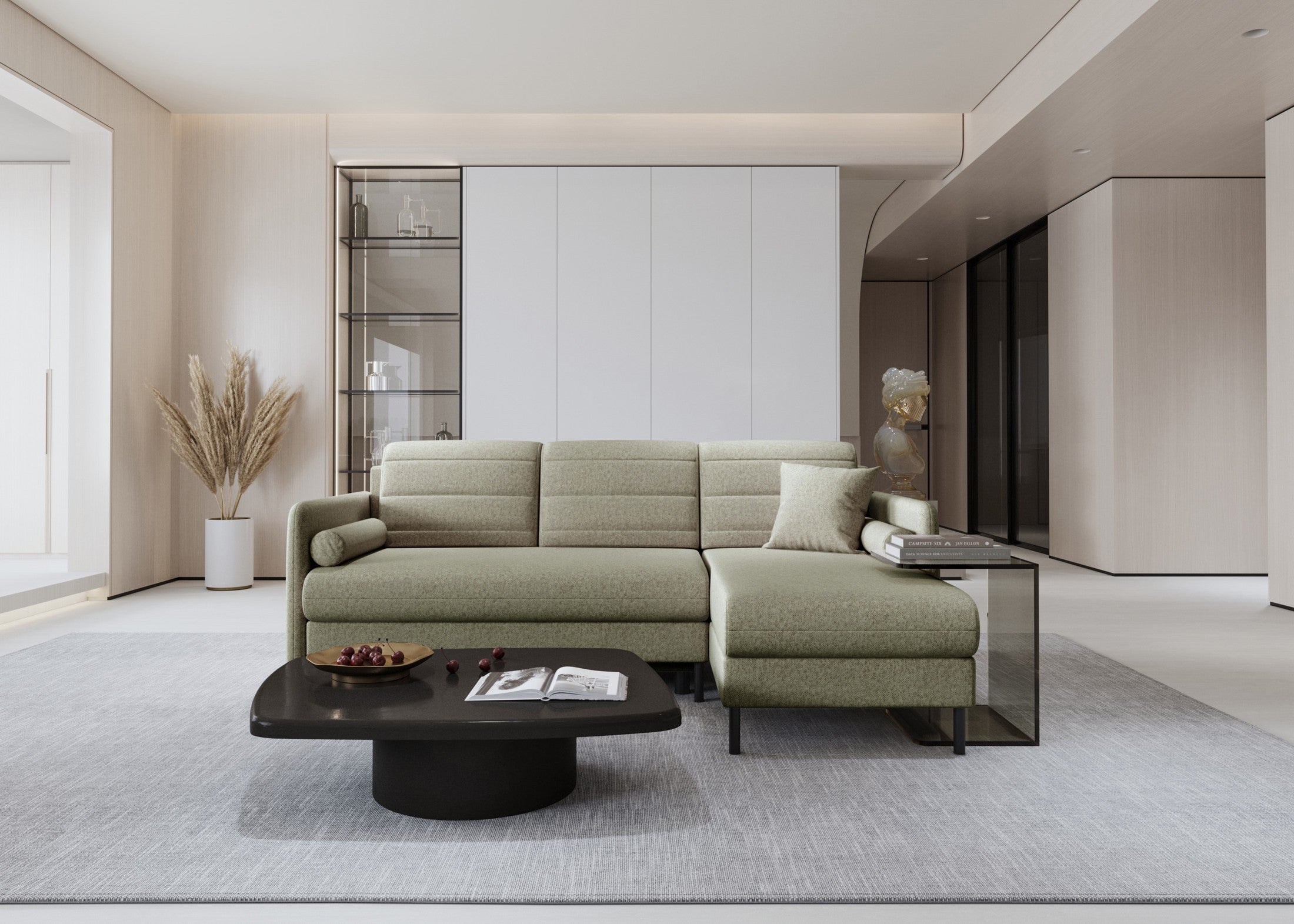 Bellari L-förmiges Ecksofa, universelle Seite mit Schlaffunktion und Bettkasten, Element-Samtbezug