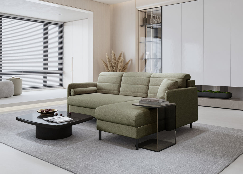 Bellari L-förmiges Ecksofa, universelle Seite mit Schlaffunktion und Bettkasten, Element-Samtbezug