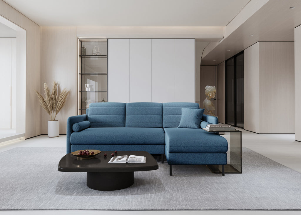 Bellari L-förmiges Ecksofa, universelle Seite mit Schlaffunktion und Bettkasten, Element-Samtbezug