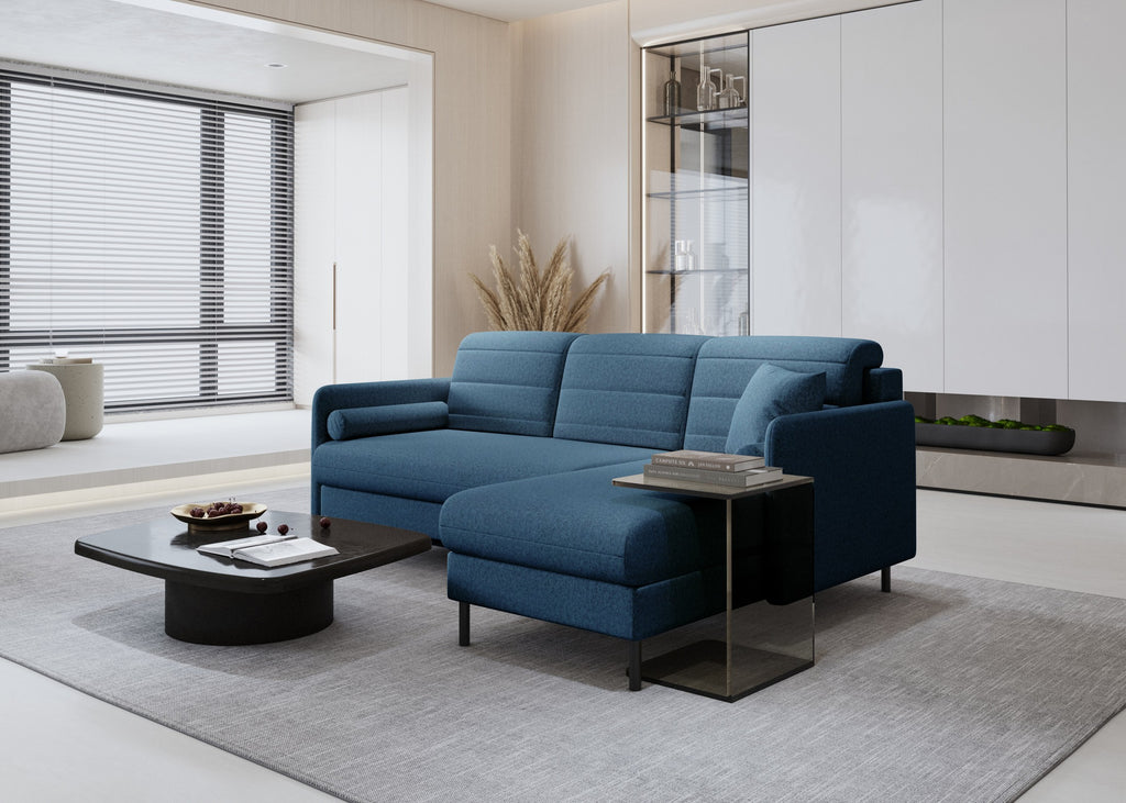 Bellari L-förmiges Ecksofa, universelle Seite mit Schlaffunktion und Bettkasten, Element-Samtbezug