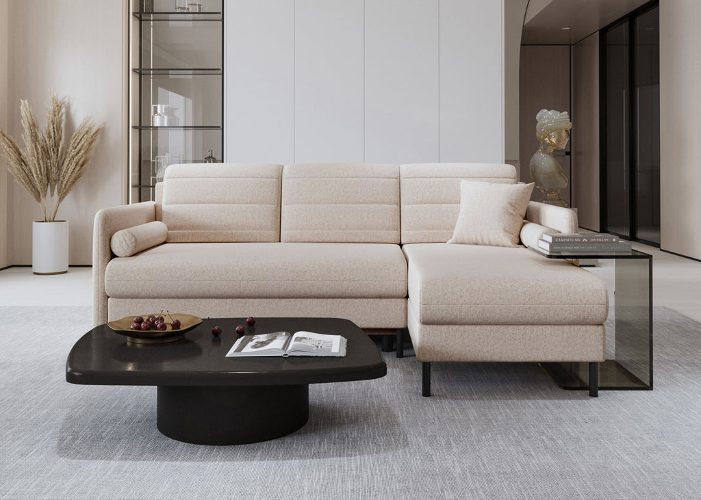 Bellari L-förmiges Ecksofa, universelle Seite mit Schlaffunktion und Bettkasten, Element-Samtbezug