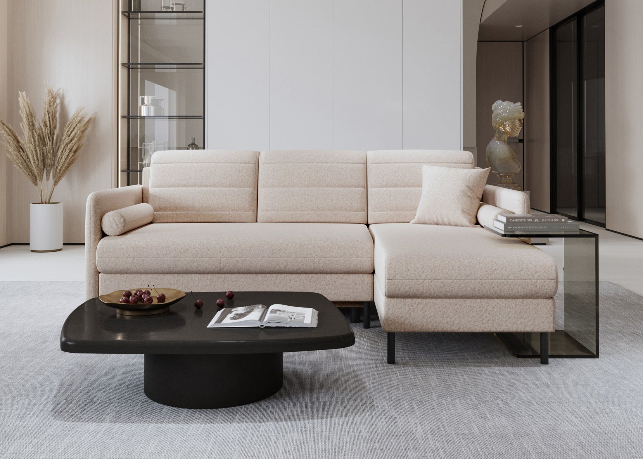 Bellari L-förmiges Ecksofa, universelle Seite mit Schlaffunktion und Bettkasten, Element-Samtbezug