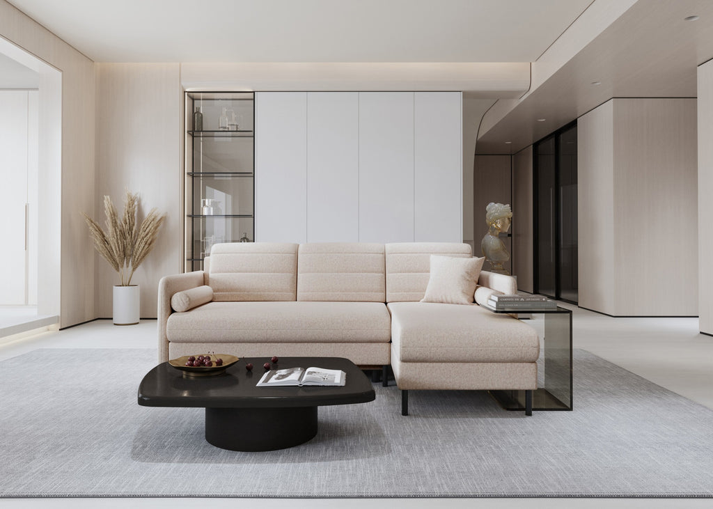 Bellari L-förmiges Ecksofa, universelle Seite mit Schlaffunktion und Bettkasten, Element-Samtbezug