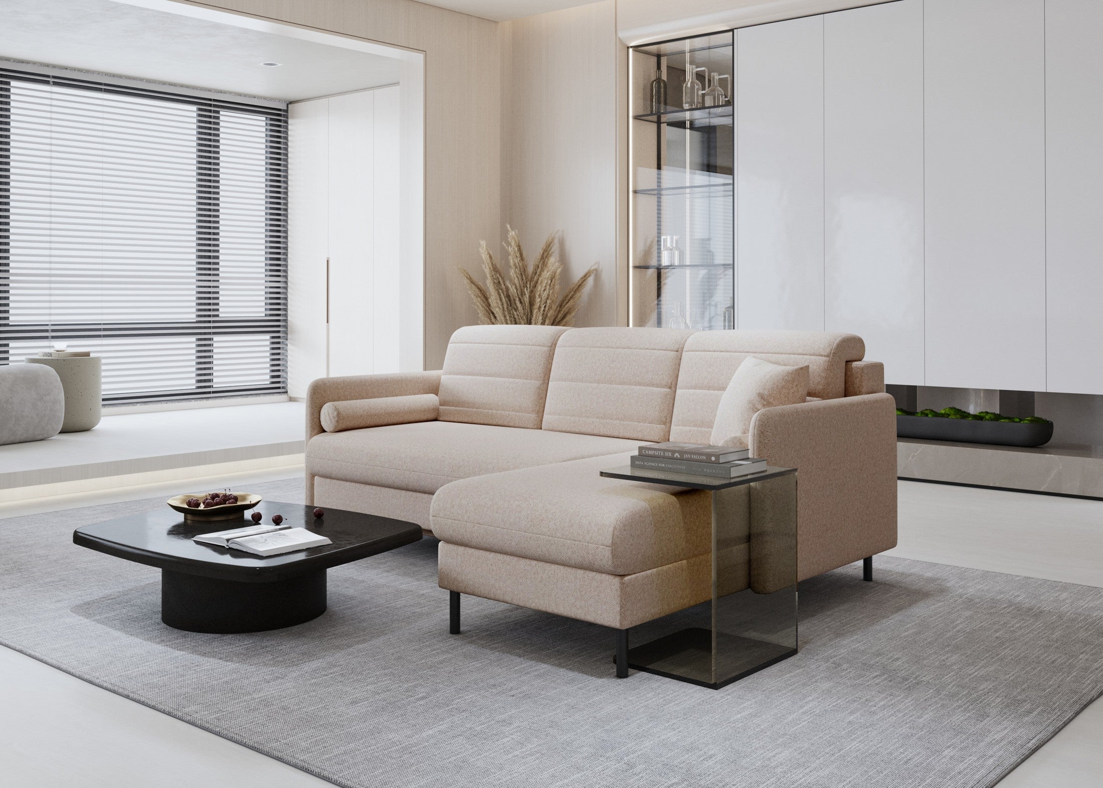 Bellari L-förmiges Ecksofa, universelle Seite mit Schlaffunktion und Bettkasten, Element-Samtbezug