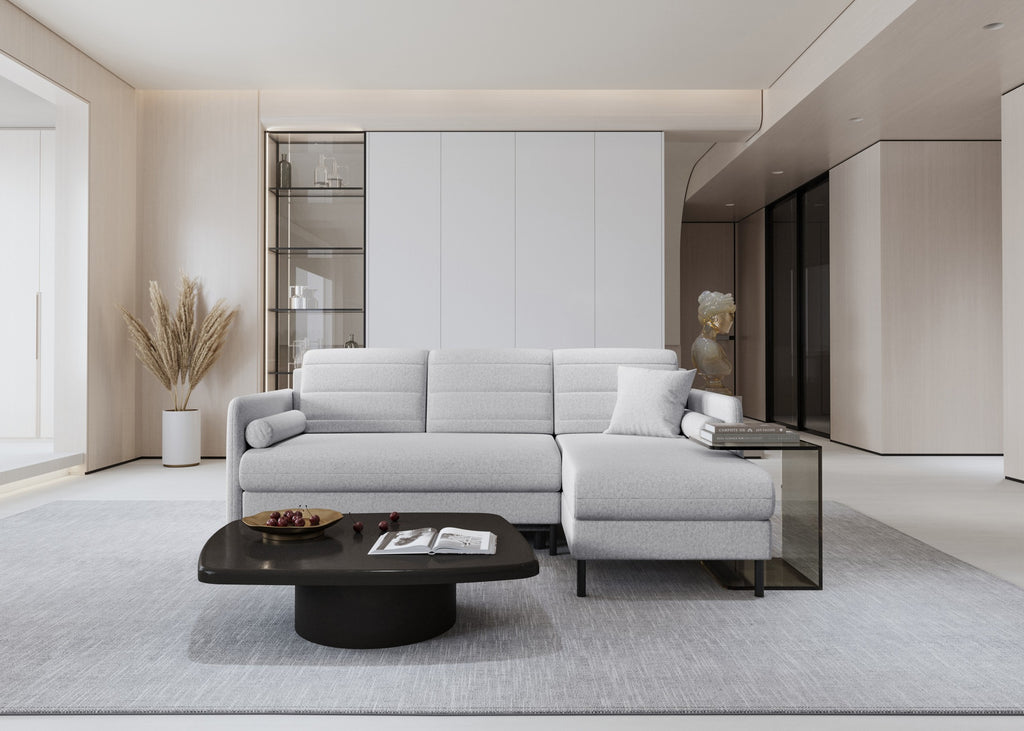 Bellari L-förmiges Ecksofa, universelle Seite mit Schlaffunktion und Bettkasten, Element-Samtbezug