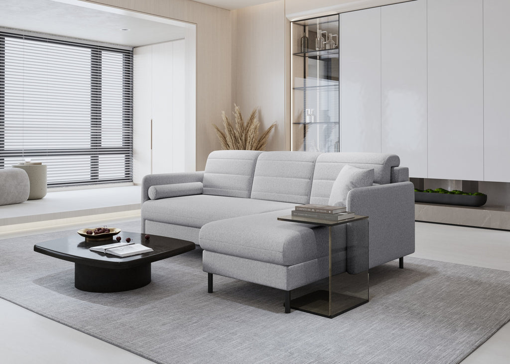 Bellari L-förmiges Ecksofa, universelle Seite mit Schlaffunktion und Bettkasten, Element-Samtbezug