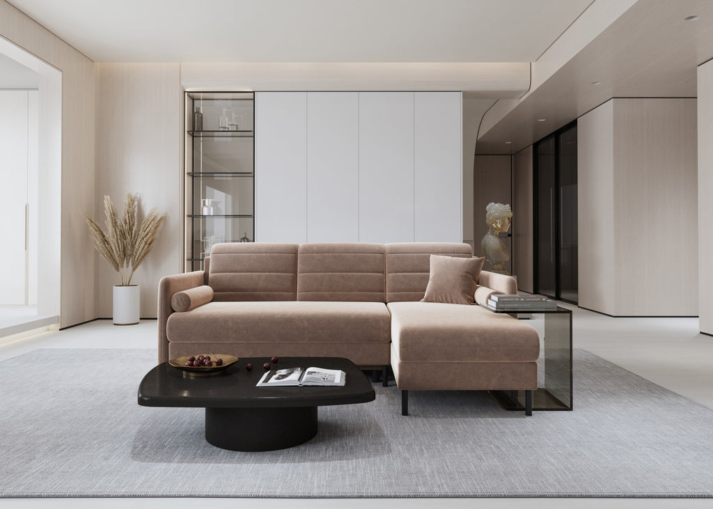 Bellari L-förmiges Ecksofa, universelle Seite mit Schlaffunktion und Bettkasten, Bezug aus Seal-Gewebe, Samt