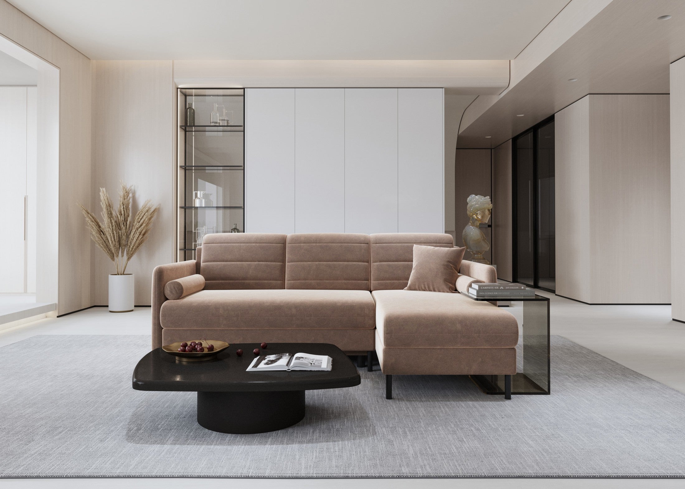 Bellari L-förmiges Ecksofa, universelle Seite mit Schlaffunktion und Bettkasten, Bezug aus Seal-Gewebe, Samt