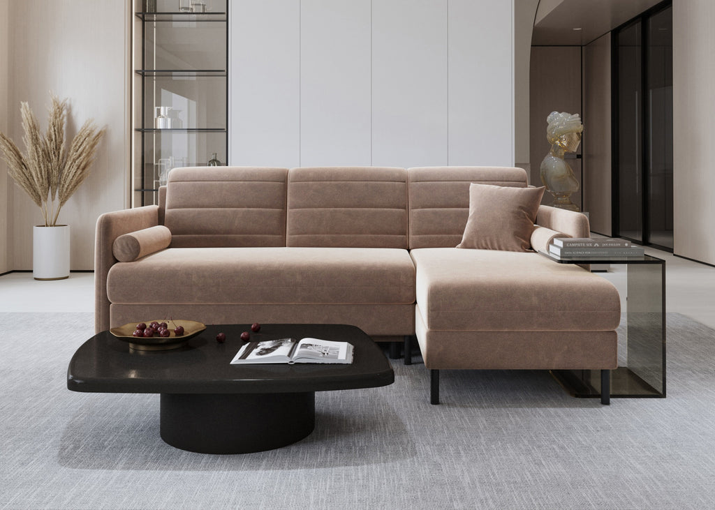 Bellari L-förmiges Ecksofa, universelle Seite mit Schlaffunktion und Bettkasten, Bezug aus Seal-Gewebe, Samt