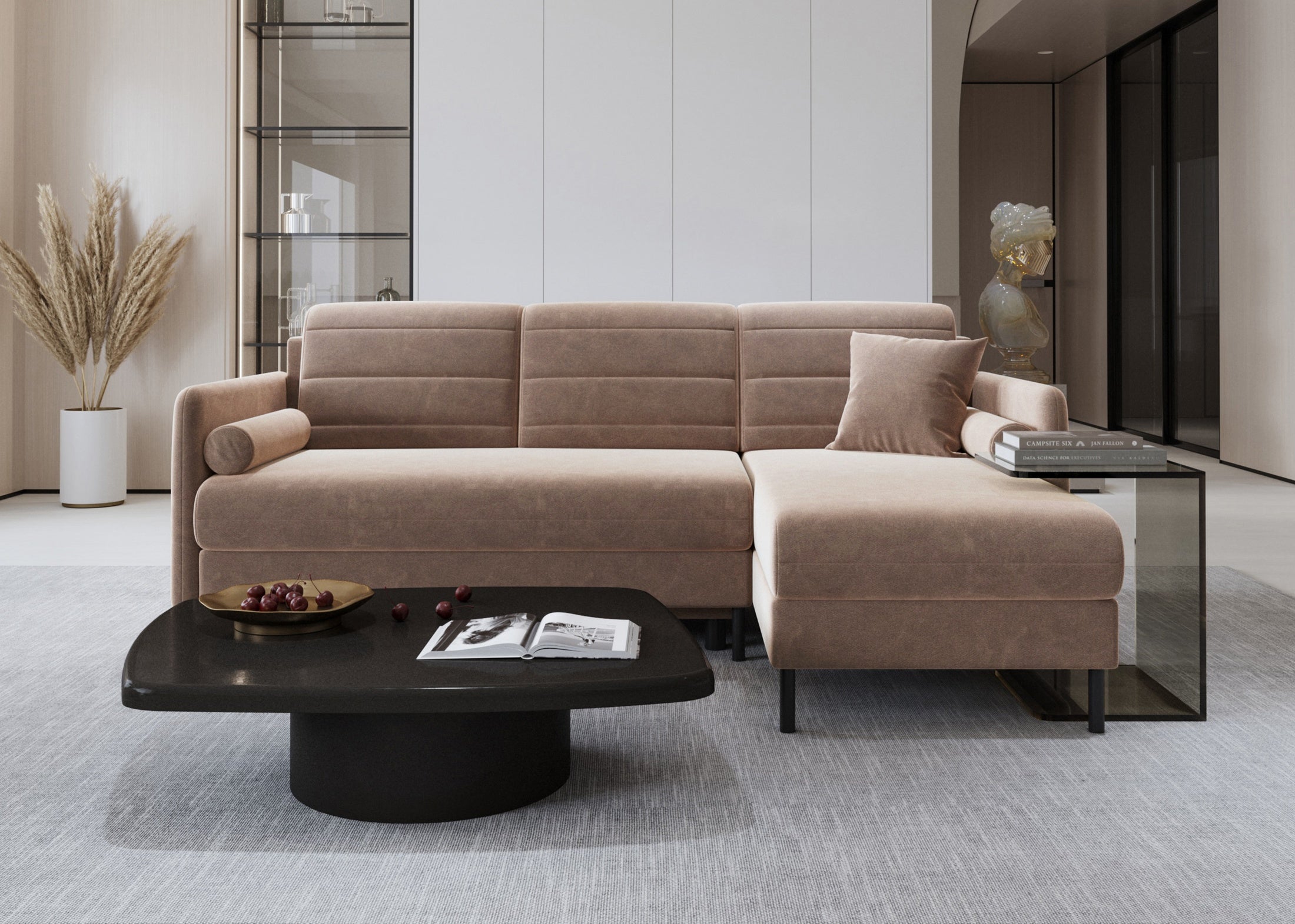 Bellari L-förmiges Ecksofa, universelle Seite mit Schlaffunktion und Bettkasten, Bezug aus Seal-Gewebe, Samt