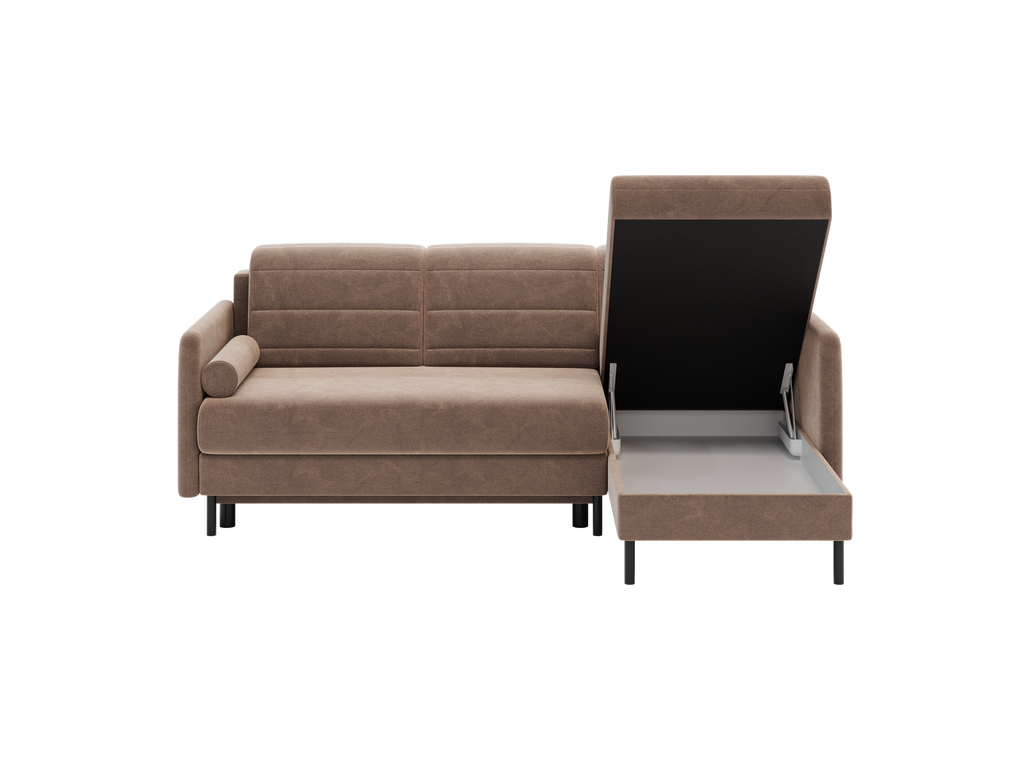 Bellari L-förmiges Ecksofa, universelle Seite mit Schlaffunktion und Bettkasten, Bezug aus Seal-Gewebe, Samt