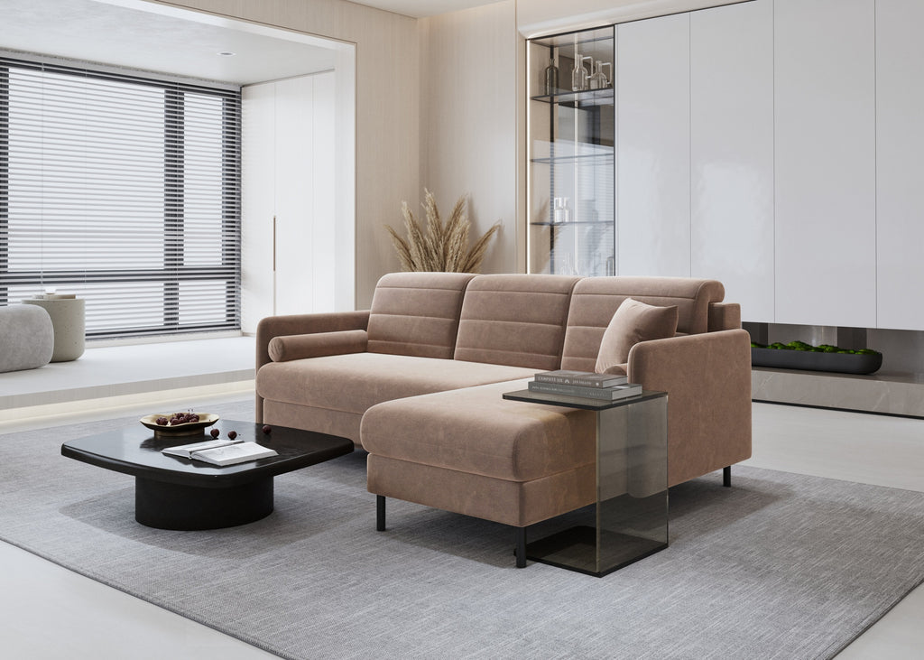 Bellari L-förmiges Ecksofa, universelle Seite mit Schlaffunktion und Bettkasten, Bezug aus Seal-Gewebe, Samt