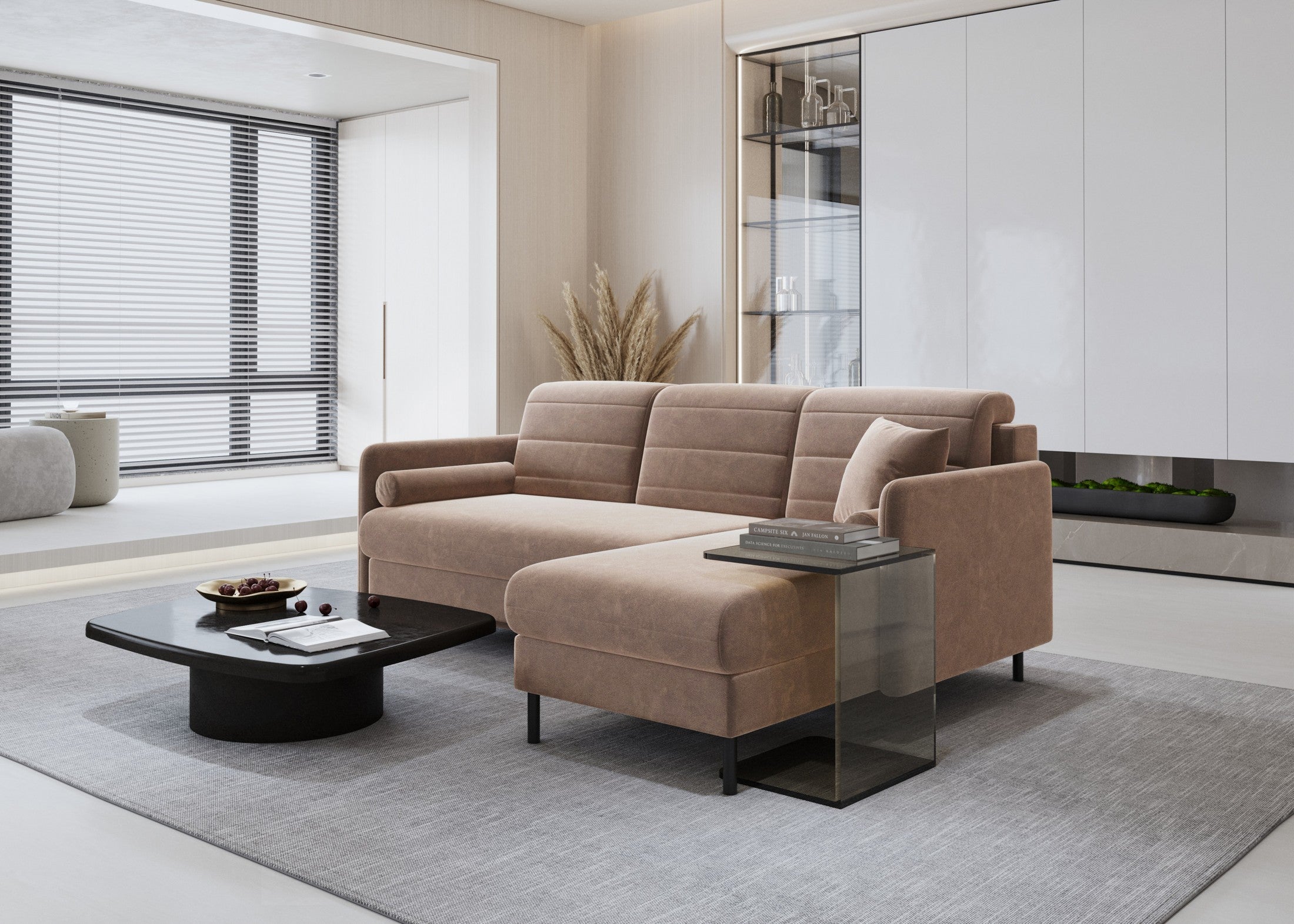 Bellari L-förmiges Ecksofa, universelle Seite mit Schlaffunktion und Bettkasten, Bezug aus Seal-Gewebe, Samt