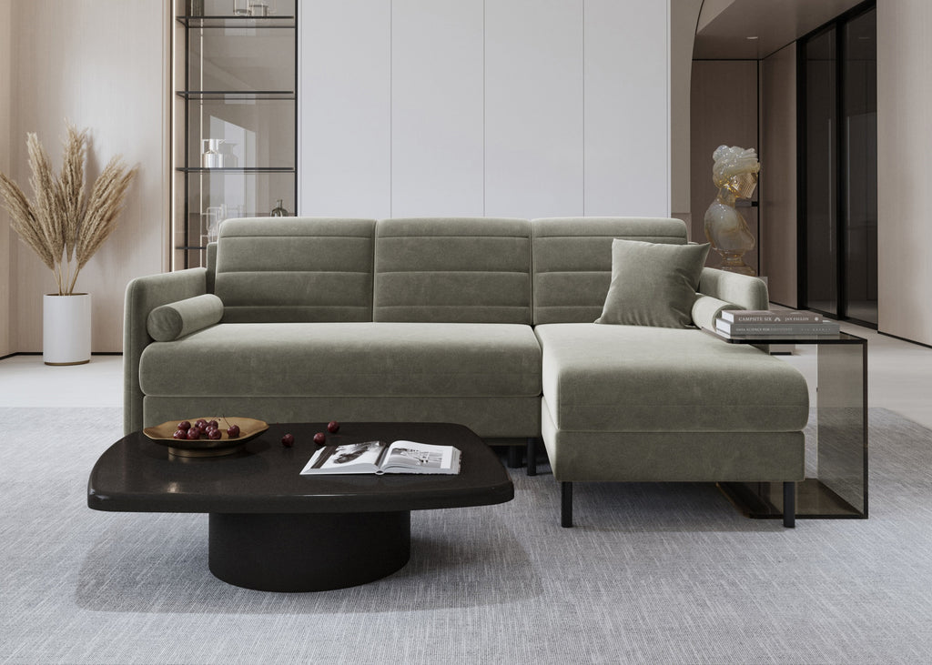 Bellari L-förmiges Ecksofa, universelle Seite mit Schlaffunktion und Bettkasten, Bezug aus Seal-Gewebe, Samt