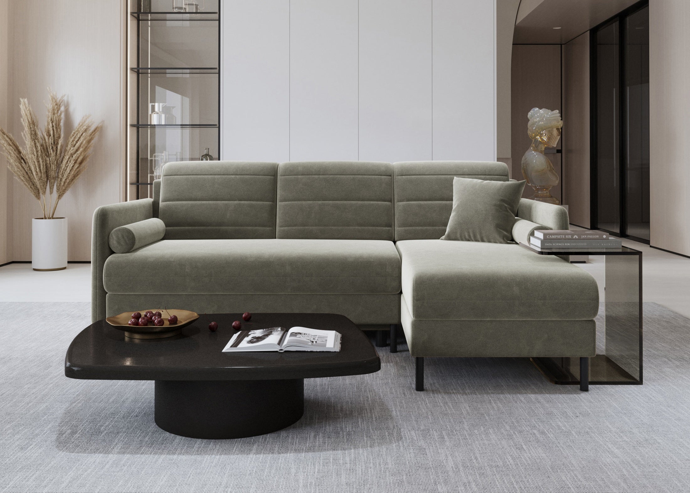 Bellari L-förmiges Ecksofa, universelle Seite mit Schlaffunktion und Bettkasten, Bezug aus Seal-Gewebe, Samt