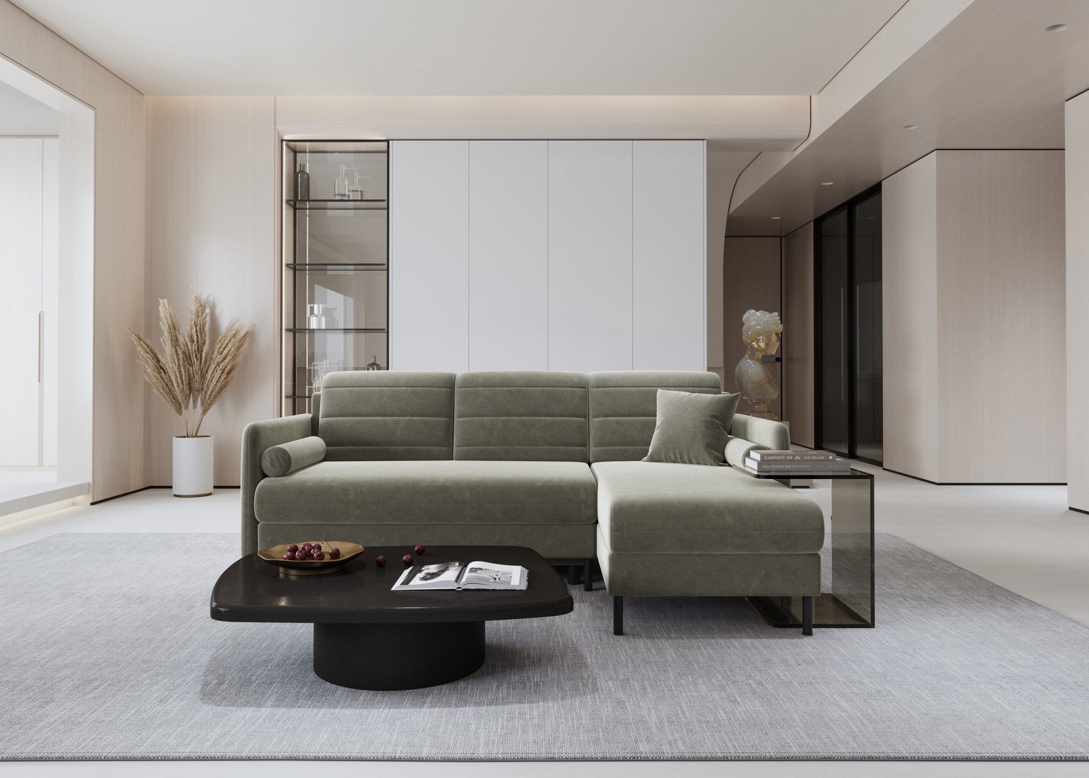 Bellari L-förmiges Ecksofa, universelle Seite mit Schlaffunktion und Bettkasten, Bezug aus Seal-Gewebe, Samt