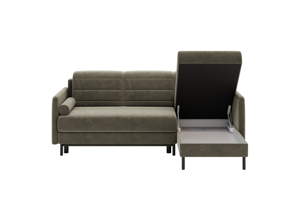 Bellari L-förmiges Ecksofa, universelle Seite mit Schlaffunktion und Bettkasten, Bezug aus Seal-Gewebe, Samt