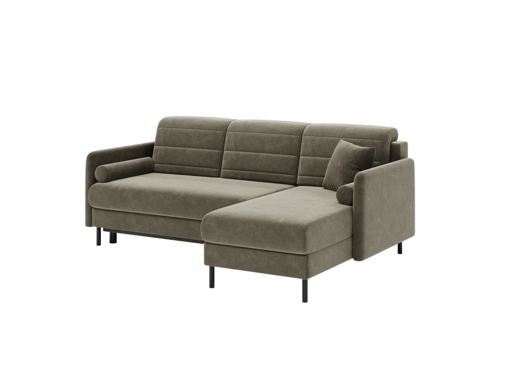 Bellari L-förmiges Ecksofa, universelle Seite mit Schlaffunktion und Bettkasten, Bezug aus Seal-Gewebe, Samt